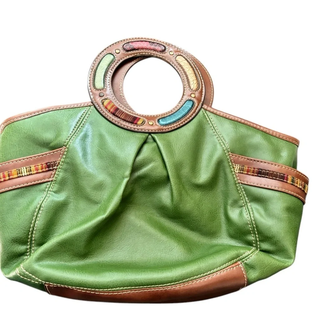 VTG 80’s Relic Green Leather Clutch Round Handle Handbag Side Pockets Snap Close